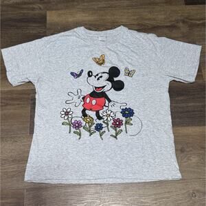 Women's Disney Mickey Mouse With Embroidered Flowers/Butterflies T-Shirt Large